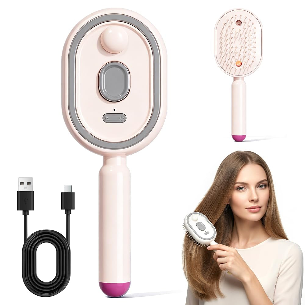 Electric Steam Brush for Hair, 2026 New Electric Spray Air Cushion Massage Comb, Rechargeable Water Spray Hair Brush, Detangling & Anti-Static Hair Brush, Reduce Frizz, Smooth & Nourish (Pink)