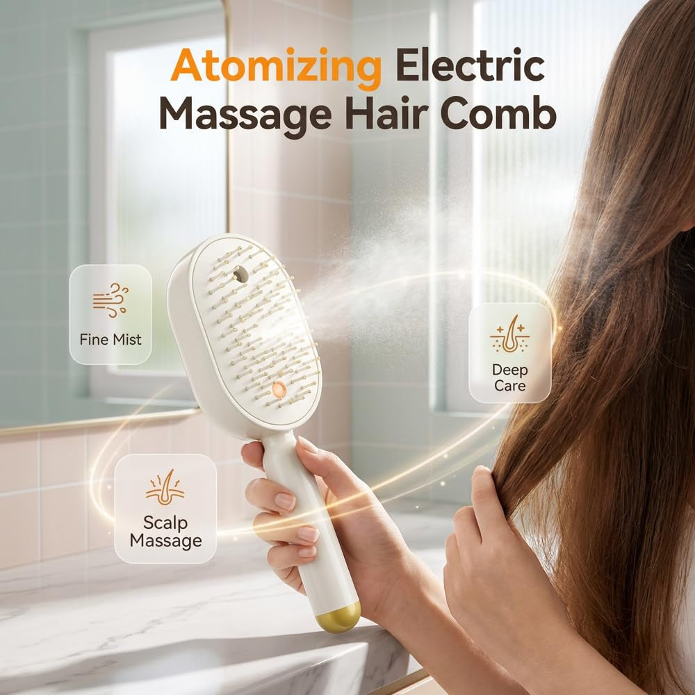 Electric Steam Brush for Hair, 2026 New Electric Spray Air Cushion Massage Comb, Rechargeable Water Spray Hair Brush, Detangling & Anti-Static Hair Brush, Reduce Frizz, Smooth & Nourish (Pink)
