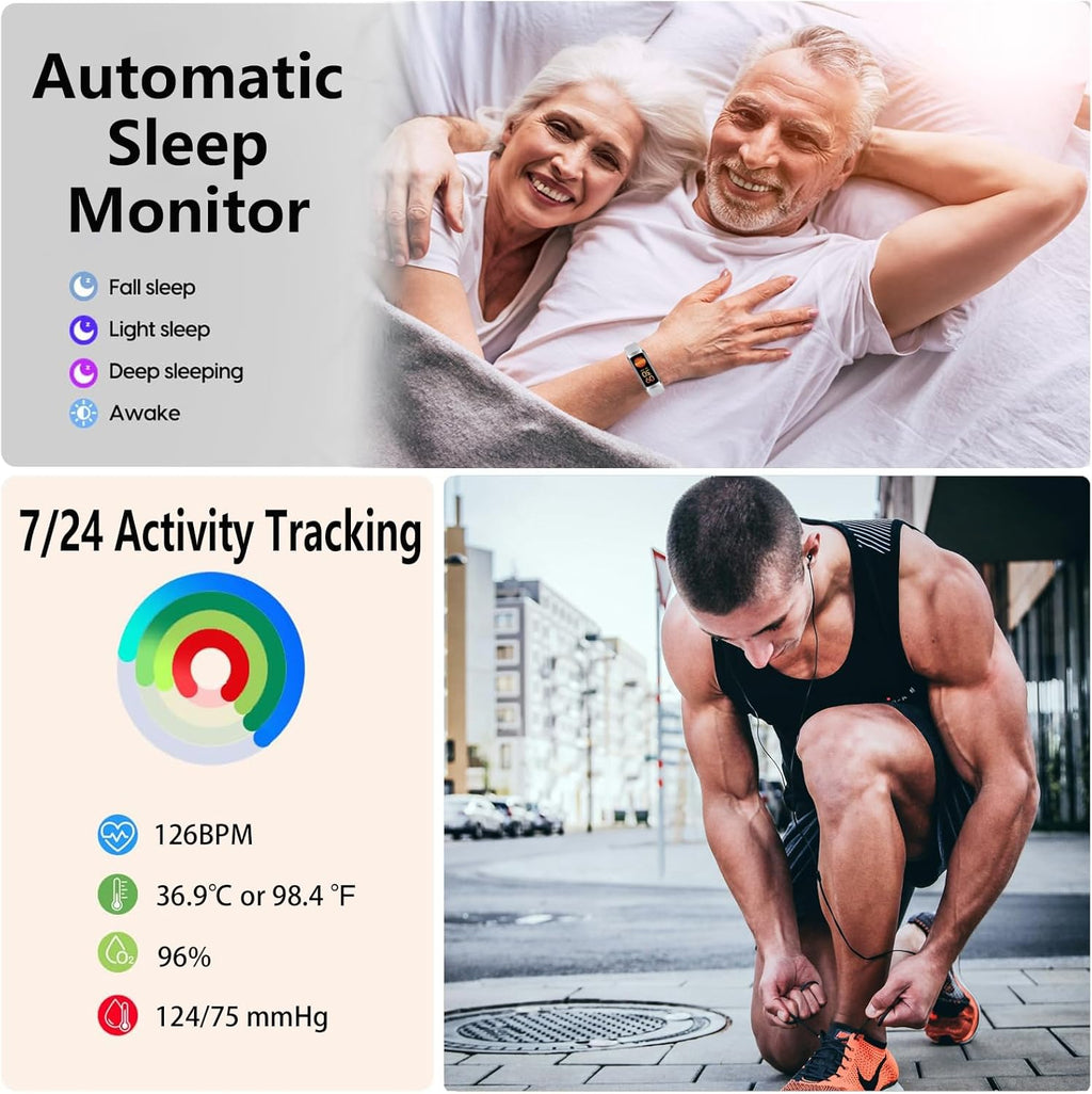 Fitness Tracker with Heart Rate Monitor, 1.1" AMOLED Screen Smart Watch, Activity Tracker, Pedometer, Sports Bracelet with Calorie Counter, Sleep Monitor, 5ATM Waterproof for Women Men